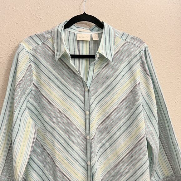 Chicos No Iron Striped 100% Linen Button Front Top Shirt Teal Blue White Size XL - Picture 4 of 10